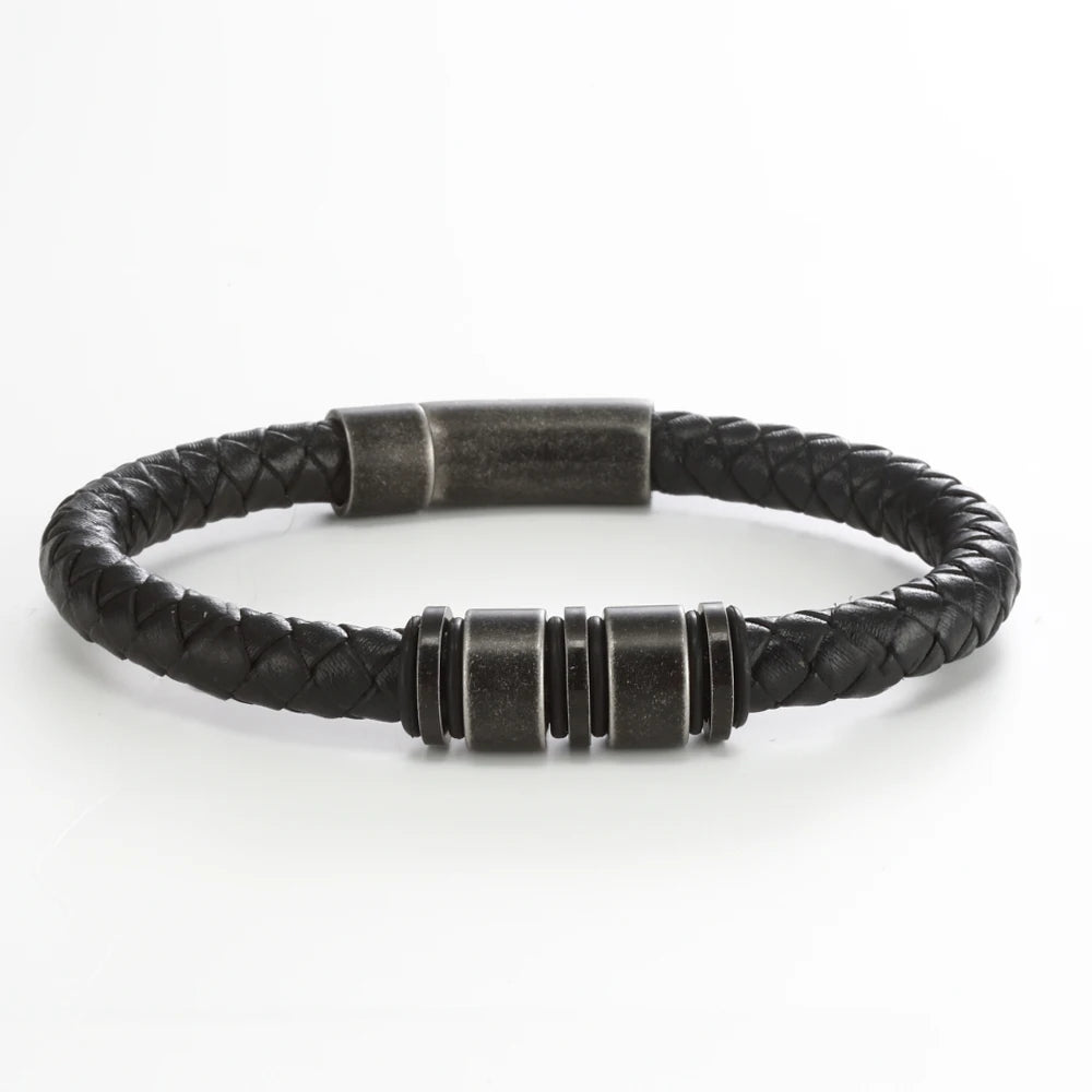 "To The Best Dad In The World" - Personalized Rugged Black Leather Style Bracelet