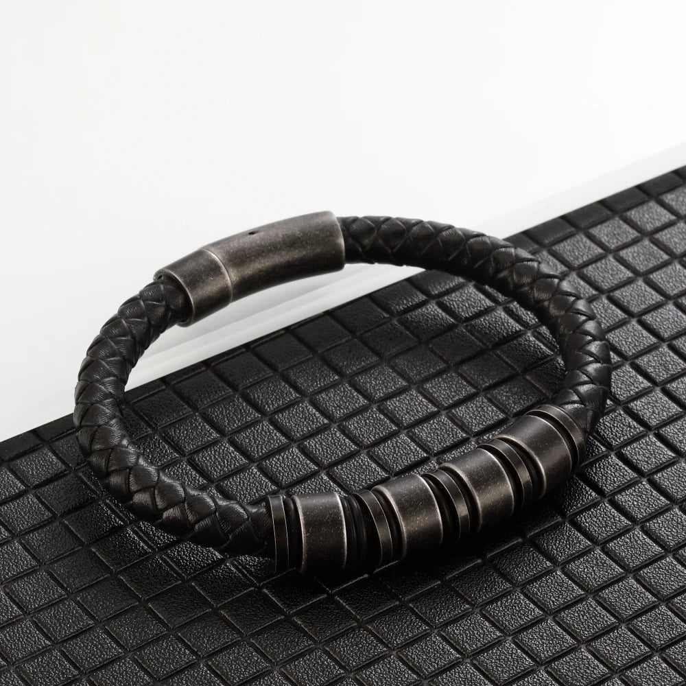 "To The Best Dad In The World" - Personalized Rugged Black Leather Style Bracelet