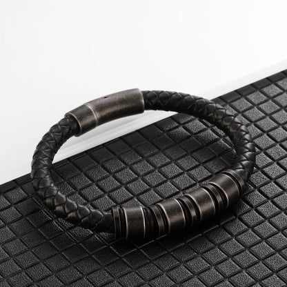 "To The Best Dad In The World" - Personalized Rugged Black Leather Style Bracelet