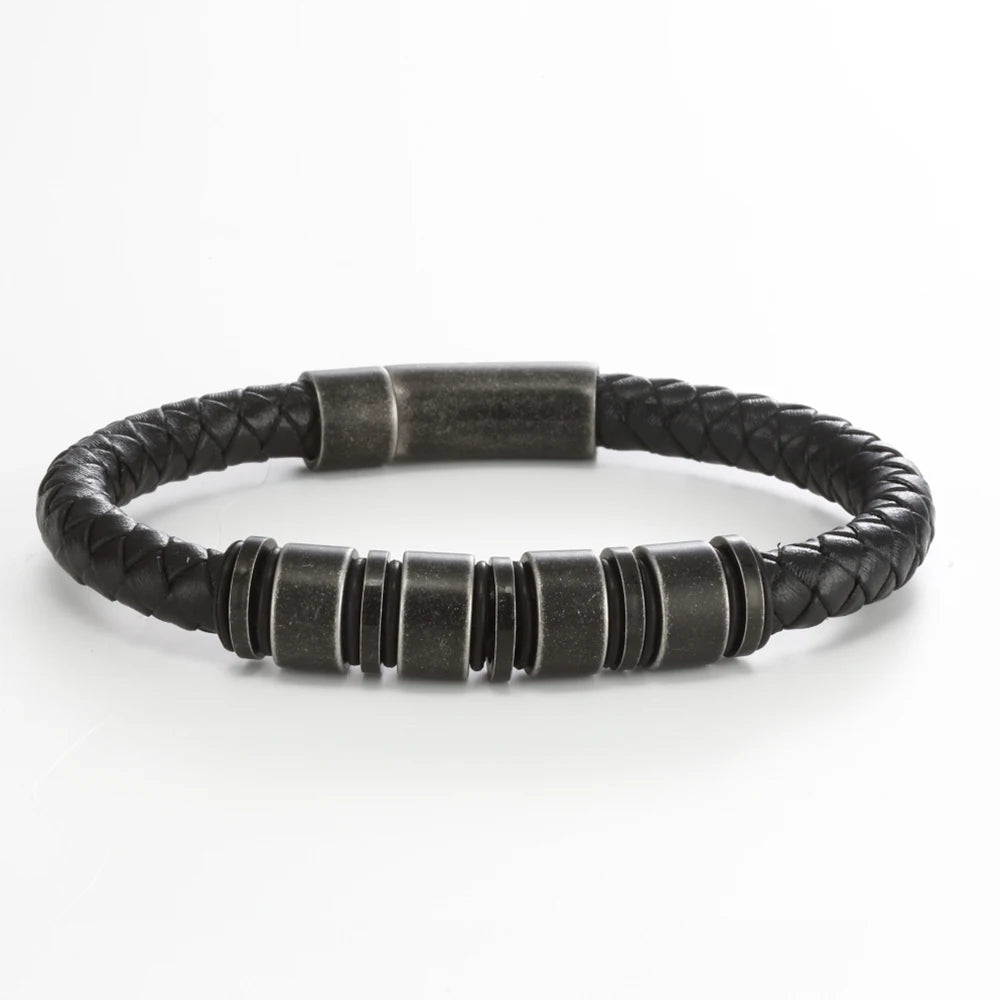 "To The Best Dad In The World" - Personalized Rugged Black Leather Style Bracelet