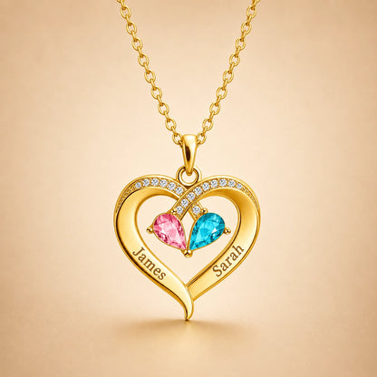 To My Wife - Personalized Couples Birthstone Heart Necklace