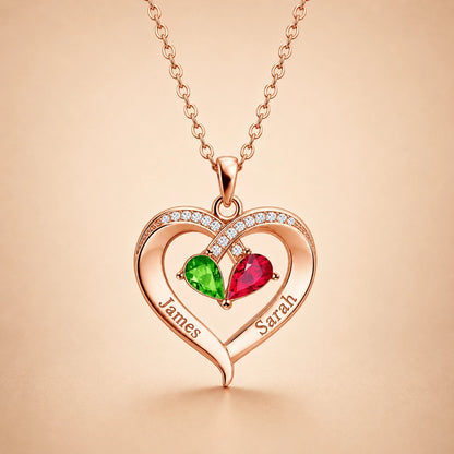To My Wife - Personalized Couples Birthstone Heart Necklace