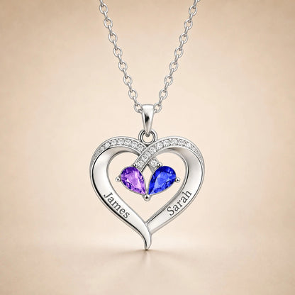To My Wife - Personalized Couples Birthstone Heart Necklace
