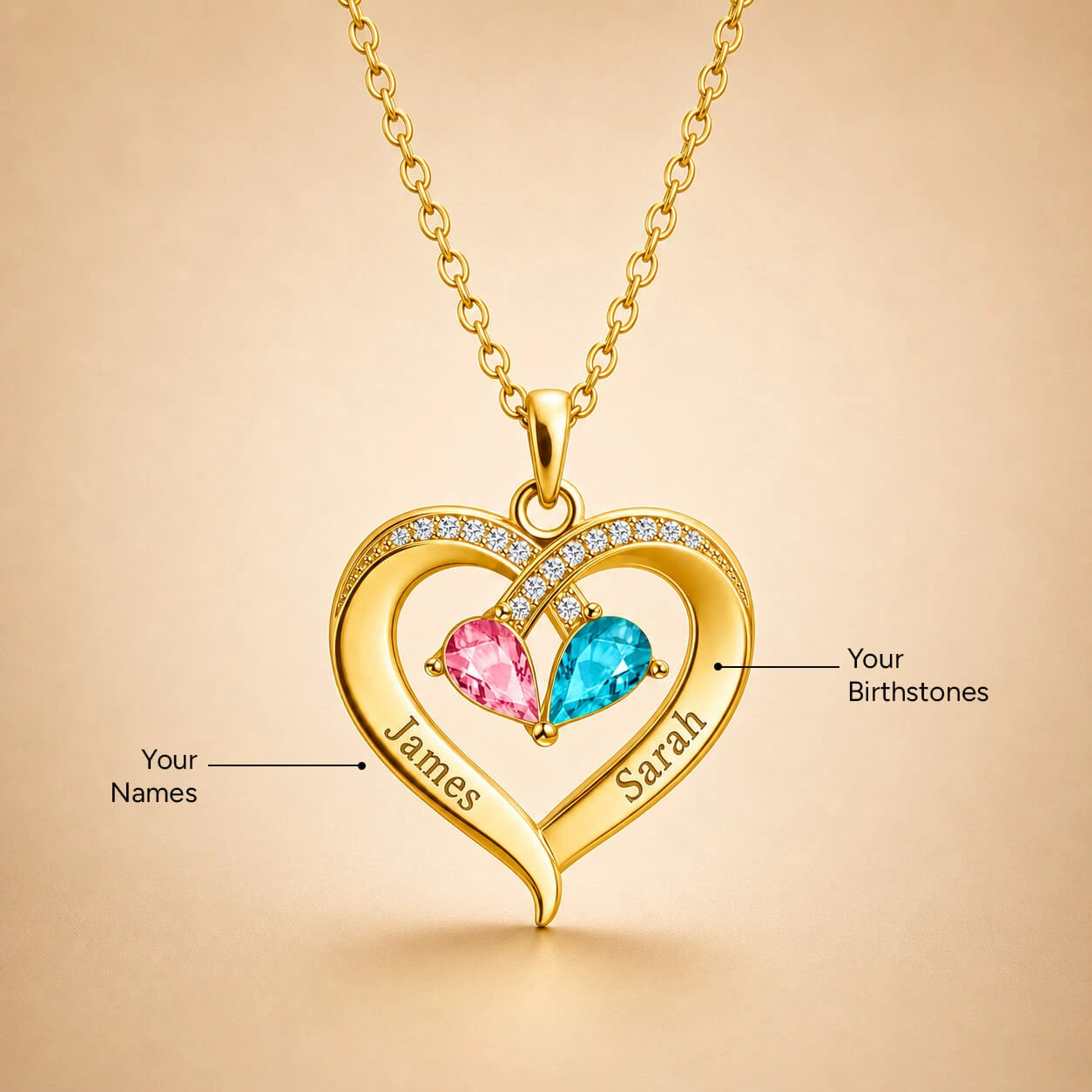 To My Wife - Personalized Couples Birthstone Heart Necklace