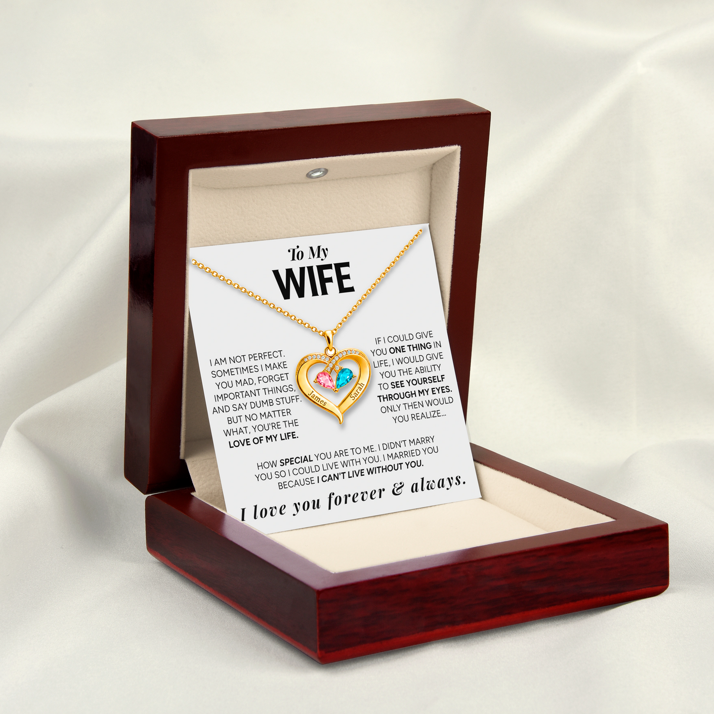 "To My Wife" - Personalized Couples Birthstone Heart Necklace | Love Of Your Life