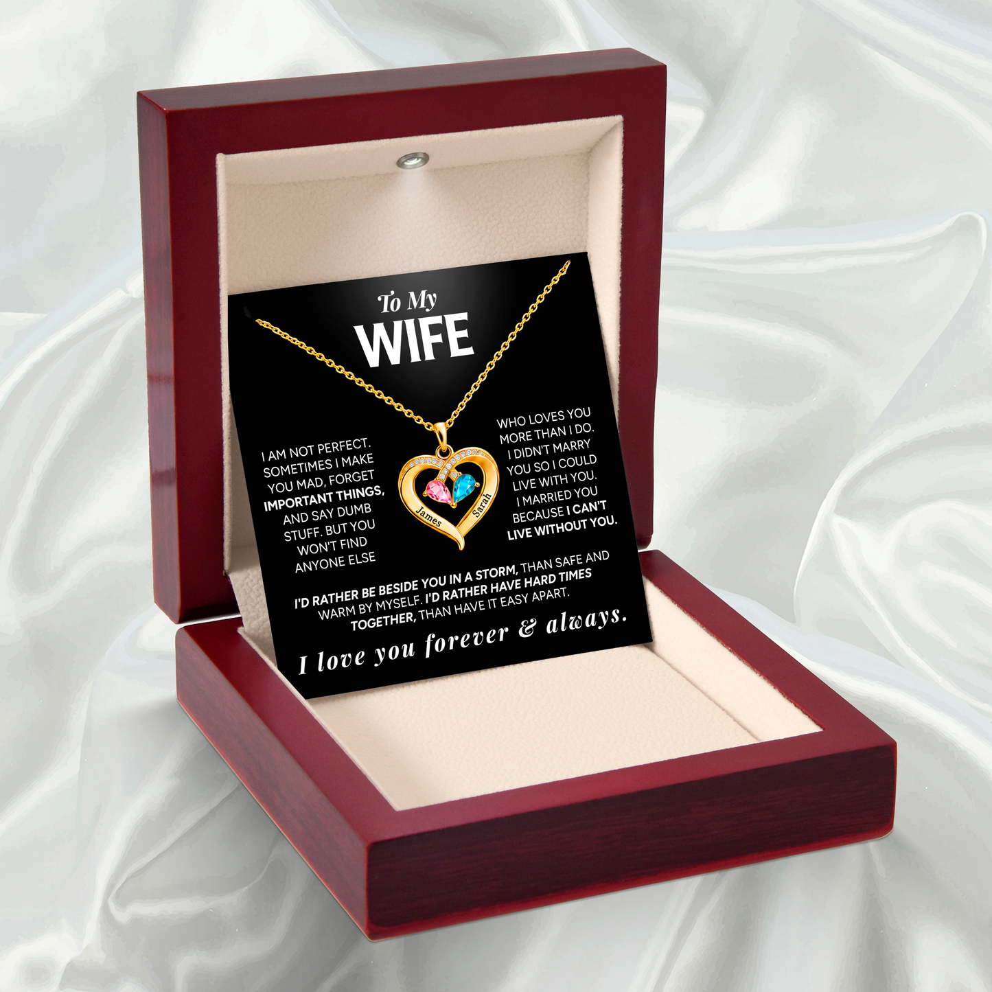 To My Wife - Personalized Couples Birthstone Heart Necklace