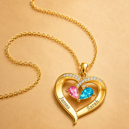 To My Wife - Personalized Couples Birthstone Heart Necklace