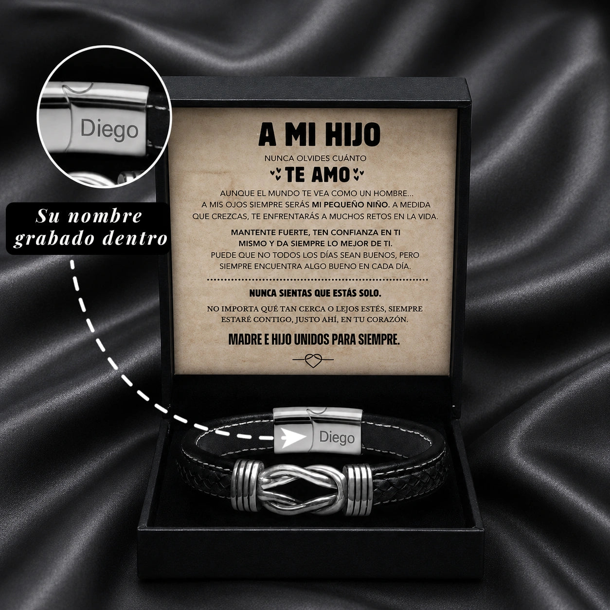 "A Mi Hijo" - Pulsera Personalizada de Cuero de Microfibra con Nudo Infinito | Unidos Para Siempre