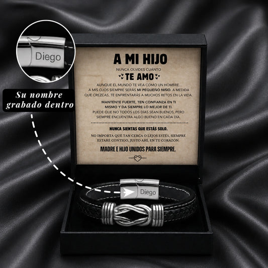 "A Mi Hijo" - Pulsera Personalizada de Cuero de Microfibra con Nudo Infinito | Unidos Para Siempre