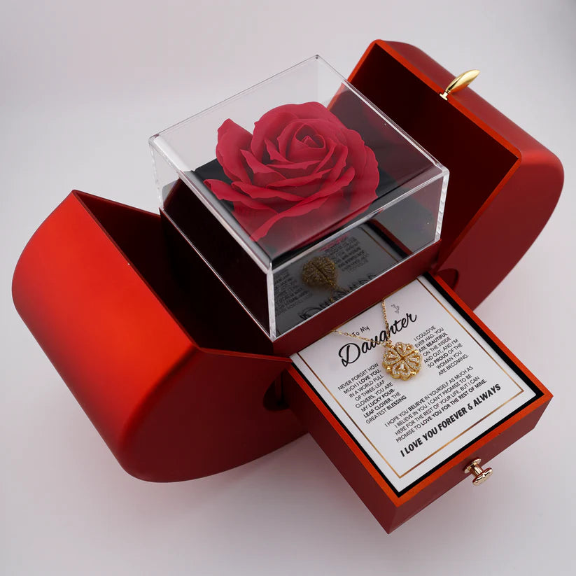 To My Daughter - "Lucky Charm" 4-Leaf Clover Necklace & Forever Rose Eternal Gift Set