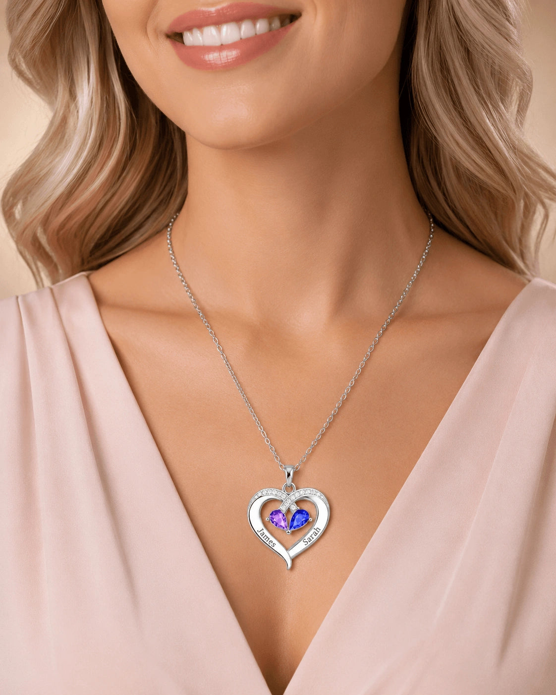 To My Wife - Personalized Couples Birthstone Heart Necklace