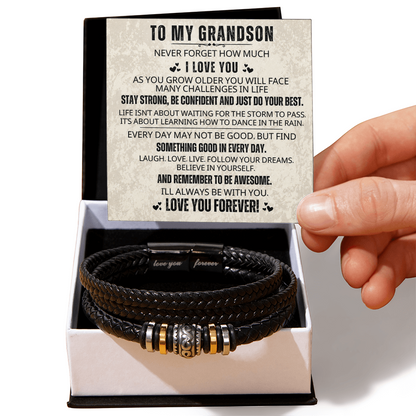 "To My Grandson" - Love You Forever Braided Vegan Leather Bracelet | Worn Between Visits