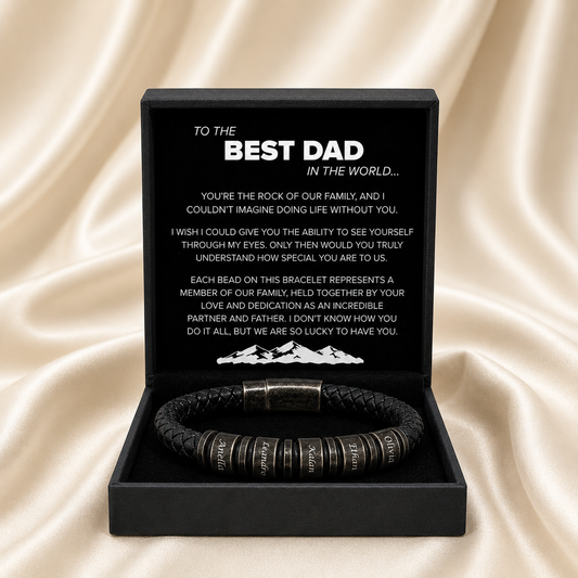 "To The Best Dad In The World" - Personalized Rugged Black Leather Style Bracelet